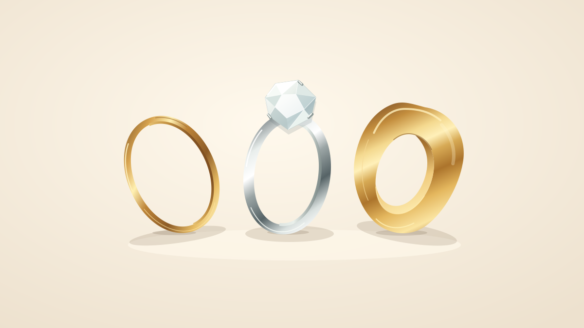Original illustration of a thin gold-tone band, a silver-tone ring with a clear stone, and a sculptural gold-tone ring. Generic styles, not product photos.